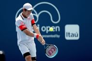 Kei Nishikori in action against Aljaz Bedene in his Round of 64 match